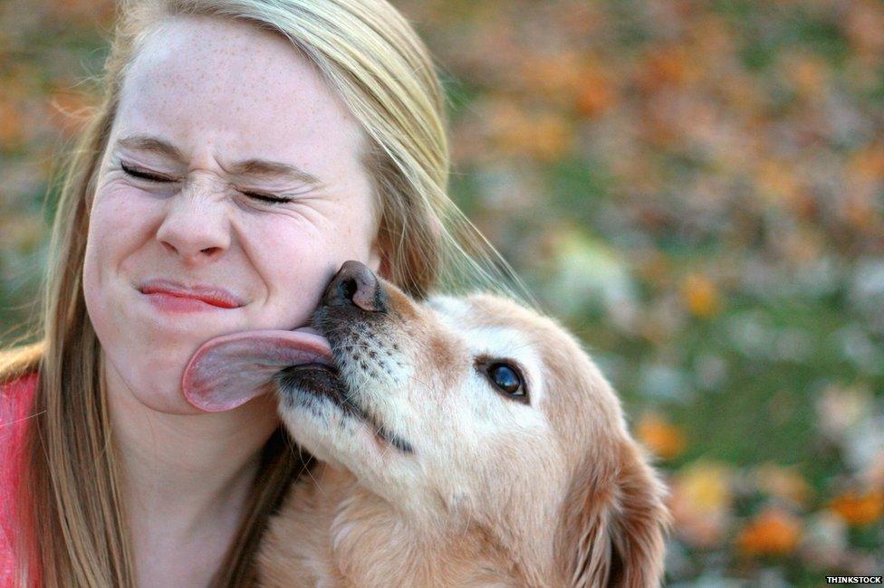 Dog licking a woman's face