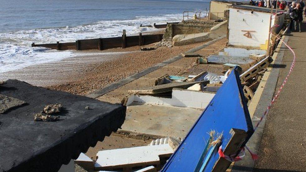 Milford on Sea storm damaged beach huts