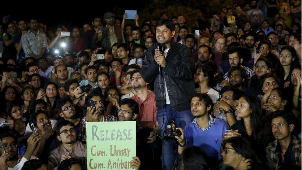 Jawaharlal Nehru University (JNU) student Kanhaiya Kumar addresses students inside the university campus after being released on bail from a Delhi prison in New Delhi, India, March 3, 2016