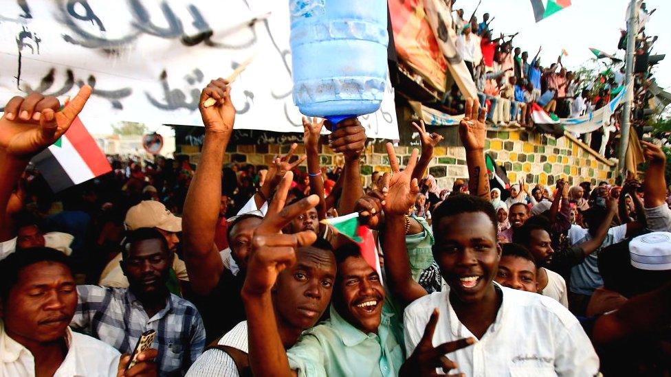 Crowds outside the military headquarters in Khartoum, Sudan - April 2019