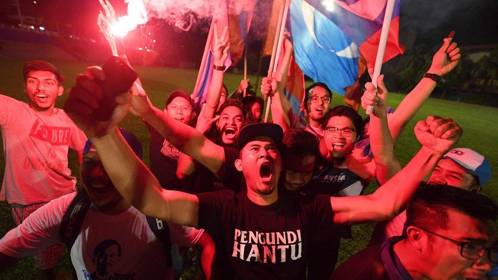 Supporters of Mahathir Mohamad celebrate in Kuala Lumpur on early May 10, 2018