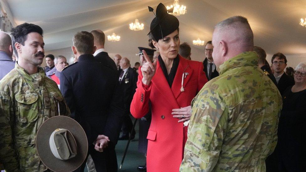 The Princess of Wales, meeting troops from the 5th Royal Australian Regiment (5RAR), who are currently in the UK helping to train the Ukrainian Armed Forces, during a visit to the 1st Battalion Welsh Guards at Combermere Barracks in Windsor, Berkshire