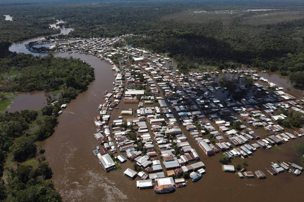 An aerial view of the town of Anama, flooded by water from the Solimoes river