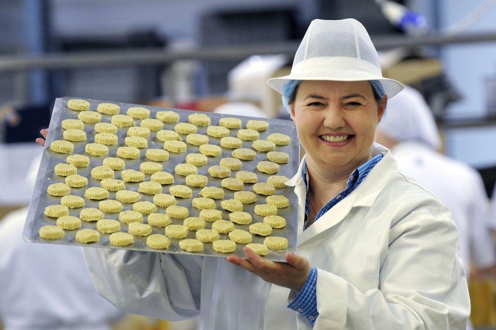 Ruth Davidson holds a tray of shortbread at the Shortbread House Of Edinburgh on the campaign trail on May 9