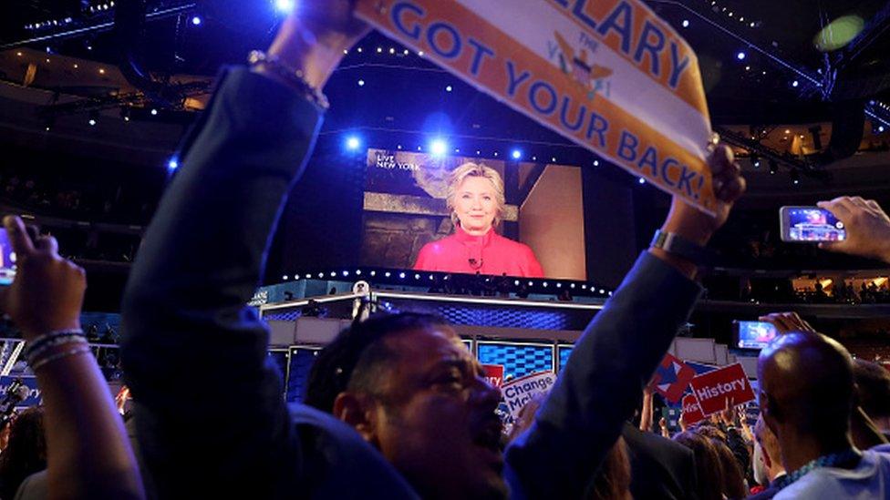 Democratic presidential nominee Hillary Clinton delivers a video message at the Democratic convention in Philadelphia.