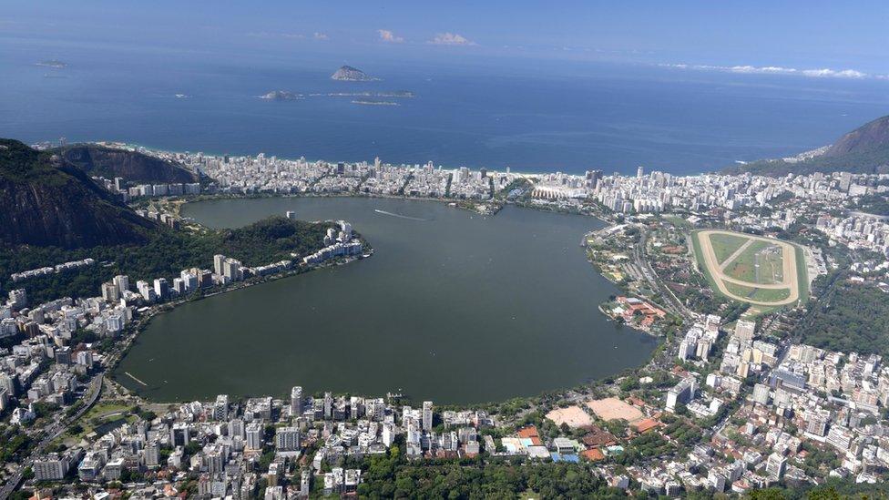 View from Christ the Redeemer overlooking Lagoa Rodrigo de Fretitas surrounded by the Jokey Club and wealthy nieghbourhoods of Ipanema and Leblon in Rio de Janeiro, Brazil.