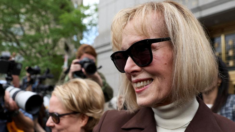 E Jean Carroll reacts as she exits the Manhattan Federal Court following the verdict in the civil rape accusation case against former US President Donald Trump, in New York City, US, on 9 May 2023