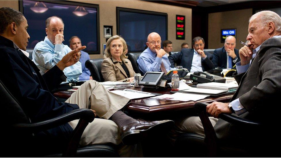 In this photo provided by The White House, (L-R) President Barack Obama,National Security Advisor Tom Donilon, Secretary of State Hillary Clinton, Director of National Intelligence James Clapper, Leon Panetta, Director of the CIA, National Security Advisor Tom Donilon and Vice President Joe Biden attend a meeting in the Situation Room on May 1, 2012 in Washington, DC. President Barack Obama's national security team held a series of meeting to discusss Osama bin Lade