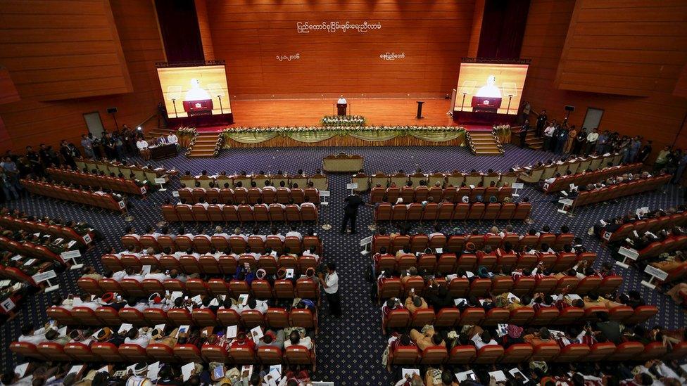 Myanmar's President Thein Sein gives a speech to the hall