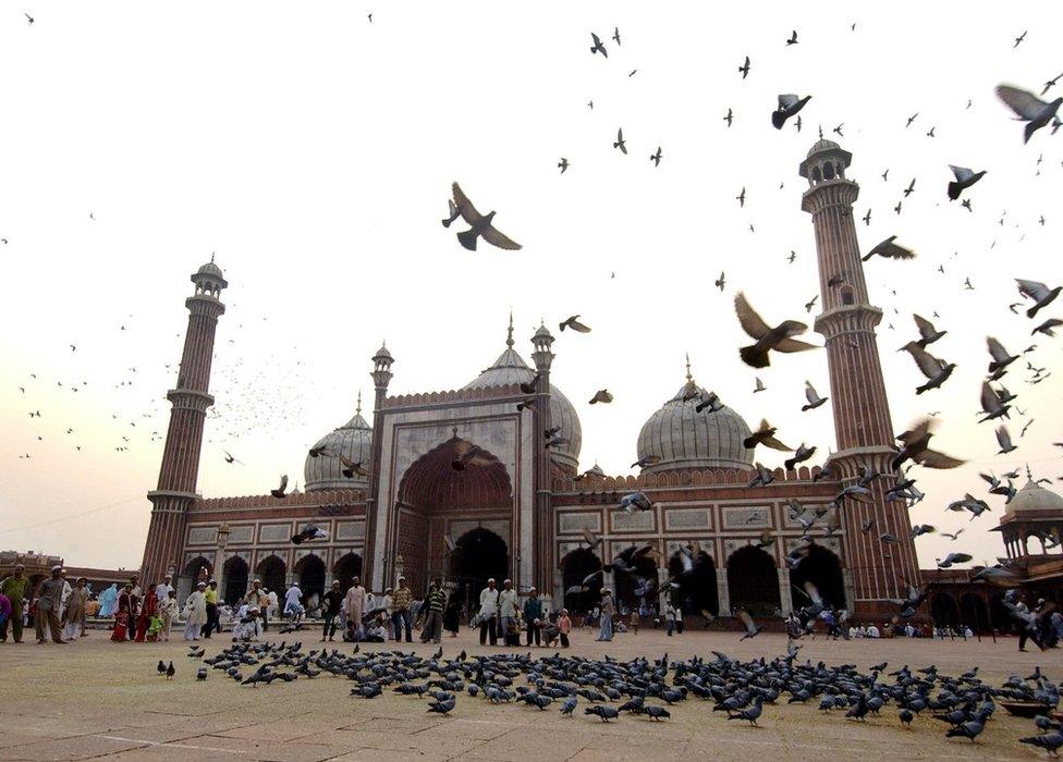 Pigeons fly over Jama Masjid Mosque as the sun sets in Delhi