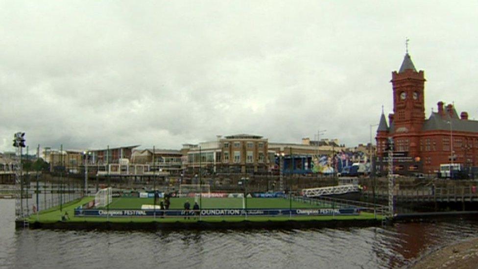 Floating pitch in Cardiff Bay