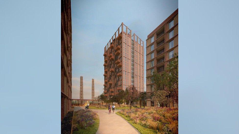 A CGI image of a high-rise building with two smaller buildings in the foreground, made of brick and orange metal, with a path running between them with vegetation on each side