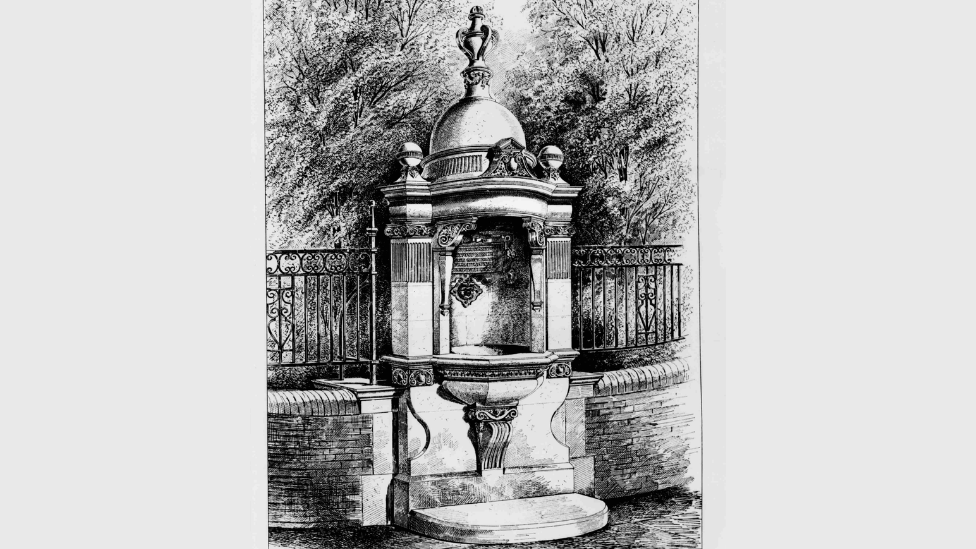 A black and white drawing of the original fountain when it was first built.