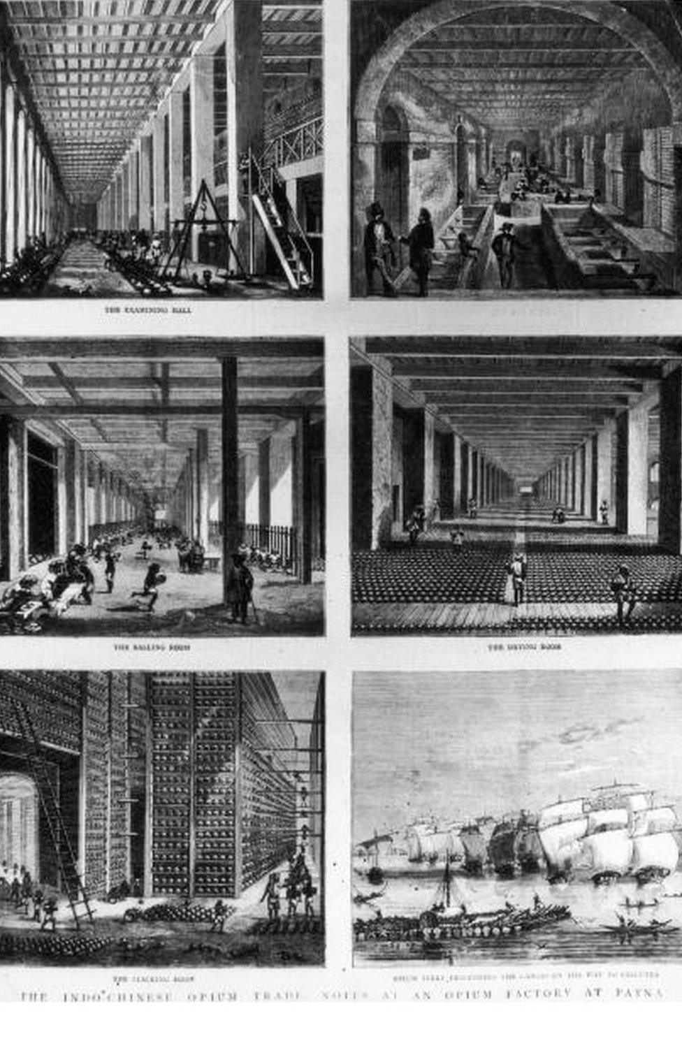 he Indo-Chinese opium trade. Scenes from an opium factory at Patna, culminating in the opium fleet descending the Ganges on its way to Calcutta