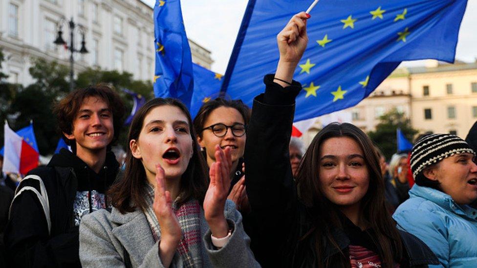 Thousands attend 'We're staying in EU' demonstration at the Main Square in Krakow, Poland