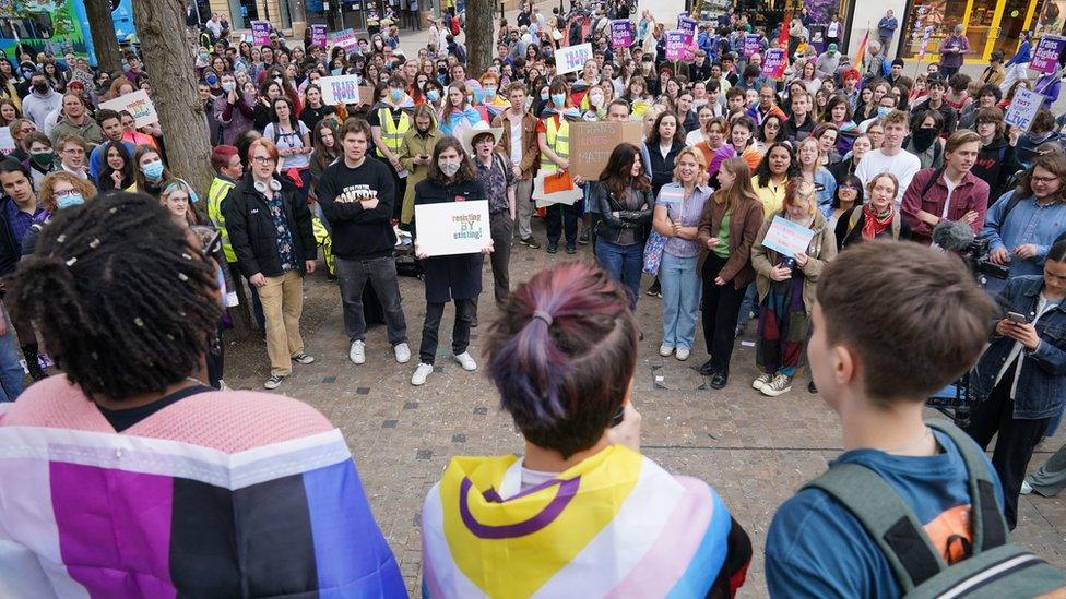 Protesters gathered in Oxford in May over an event involving gender-critical academic Prof Kathleen Stock