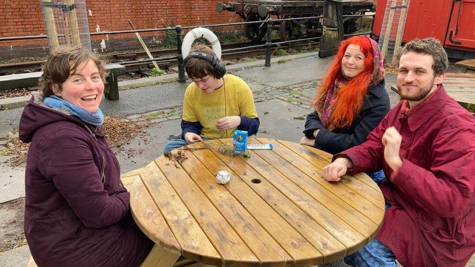 Jospeh and his mum Sheena with two of his carers