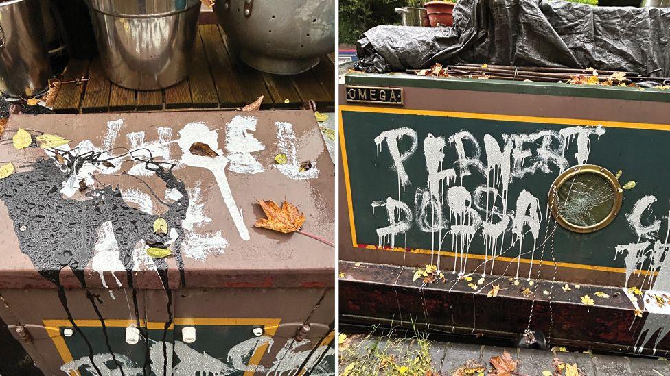 A composite image made of two pictures. The left image shows the top of a narrowboat with white and black paint spilled onto it. The right image shows a green narrowboat covered in white paint that says "pervert" and "dossa". The boat is dark green and brown and there is a black bag on the top of the roof