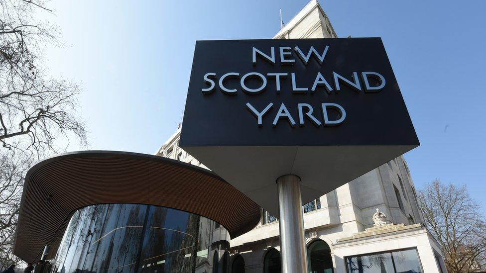 New Scotland Yard sign outside the new Metropolitan Police Headquarters New Scotland Yard at The Curtis Green Building,