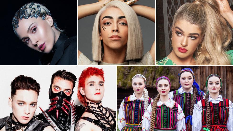 Clockwise from top left: Tamta, Bilal Hassani, Sarah McTernan, Tulia, Hatari