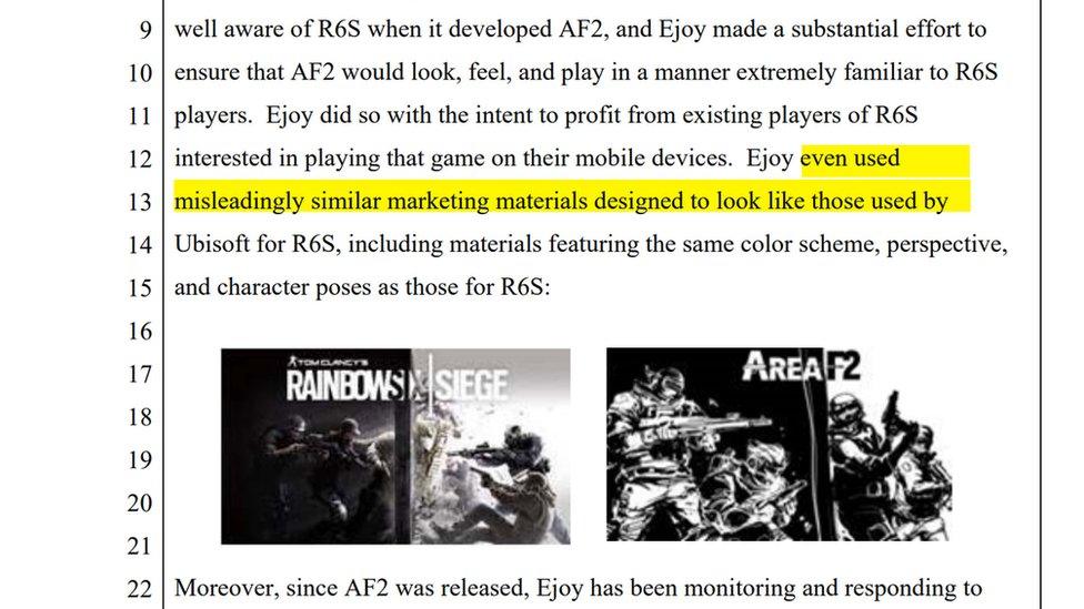 A highlighted section of a court document shows the allegation that even marketing materials were copied