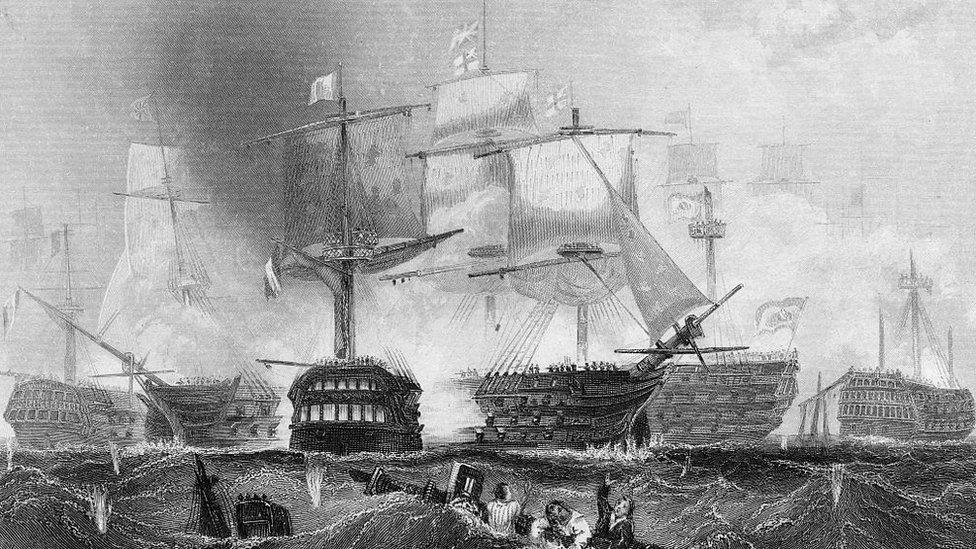 The French ship Redoutable engages the flagship of Admiral Lord Horatio Nelson, HMS Victory, at the Battle of Trafalgar; 21 Oct 1805 off Cape Trafalgar, Spain. Engraving by AH Payne from original painting by C Graham