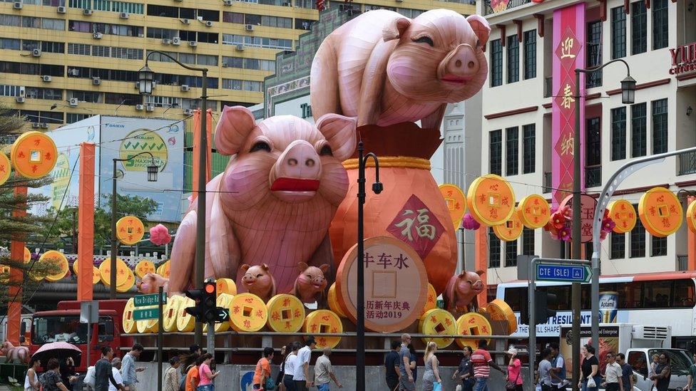 Pig decorations for the upcoming Lunar New Year in Chinatown, Singapore