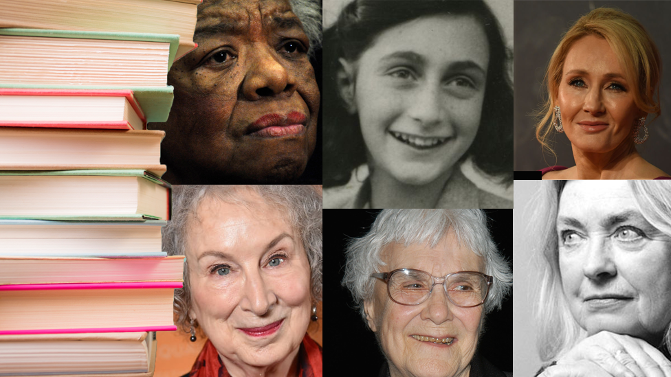 Top: Maya Angelou, Anne Frank, JK Rowling and front: Margaret Atwood, Harper Lee, Gillian Clarke