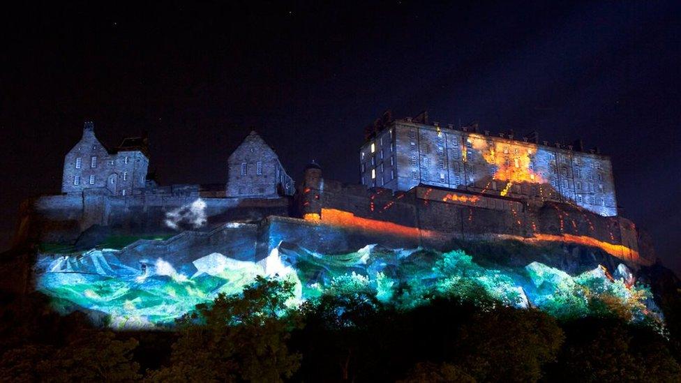 Edinburgh Castle lit up during dress rehearsal of Deep Time