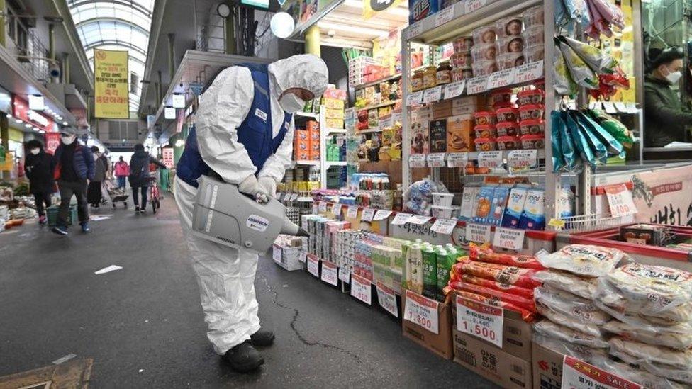 A worker sprays disinfectant to help prevent the spread of the novel coronavirus at a market in Seoul