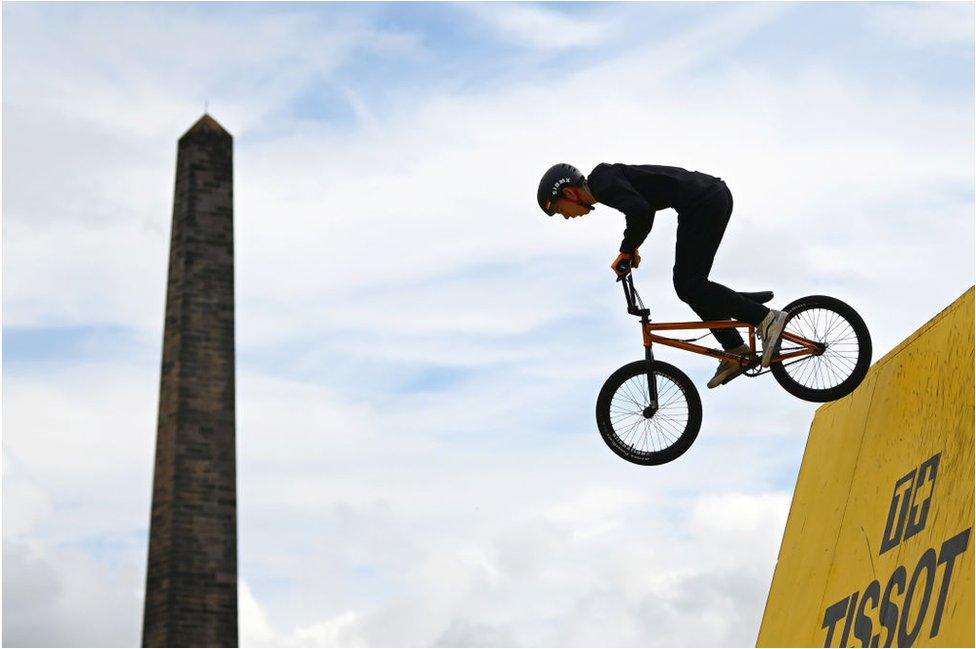 Tom Clemens of Germany competes in his first run during the BMX freestyle park, men elite final