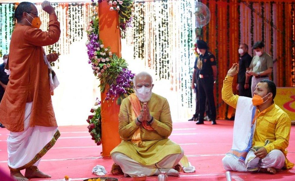 India's Prime Minister Narendra Modi attends the foundation-laying ceremony of a Hindu temple in Ayodhya, August 5, 2020