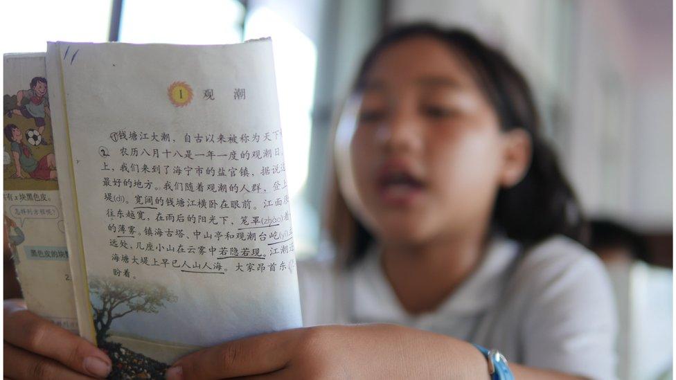 A school pupil reads from a textbook written in Chinese.