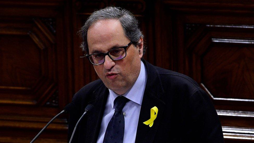 Together For Catalonia's Quim Torra delivers a speech during a parliamentary session in Barcelona on 24 March 2018