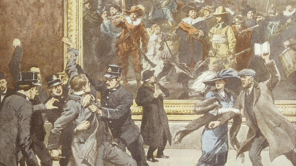 An illustration shows commotion in the gallery as a man is dragged away from the Night Watch painting- both officers and public wear early 1900s clothes