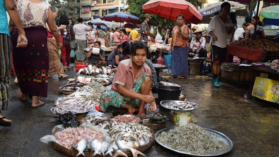 Trader selling fish at a market in Myanmar