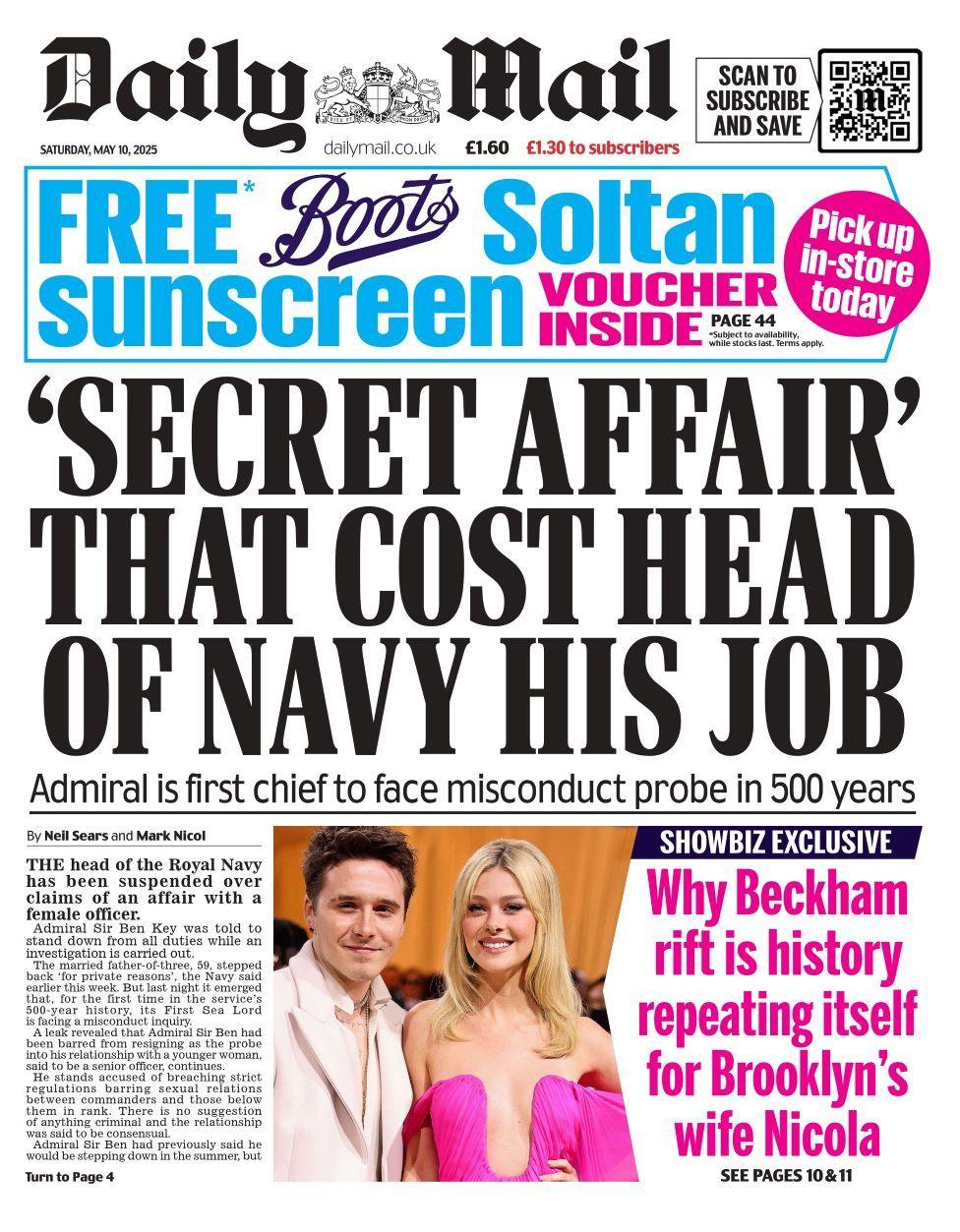 Daily Mail front page on Saturday 10 May 2025