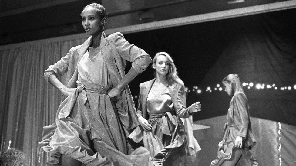 Iman Abdulmajid and Jerry Hall, Issey Miyake, Paris 1980