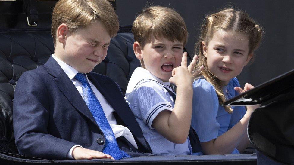 Prince George, Prince Louis and Princess Charlotte in the carriage procession at Trooping the Colour during Queen Elizabeth II Platinum Jubilee on June 02, 2022 in London, England.