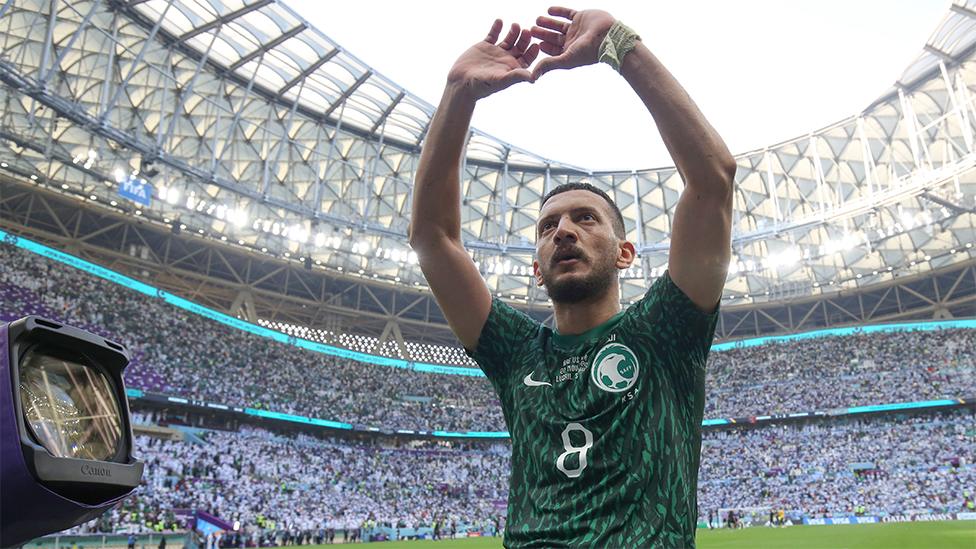 Abdulellah Al-Malki of Saudi Arabia celebrates victory over Argentina