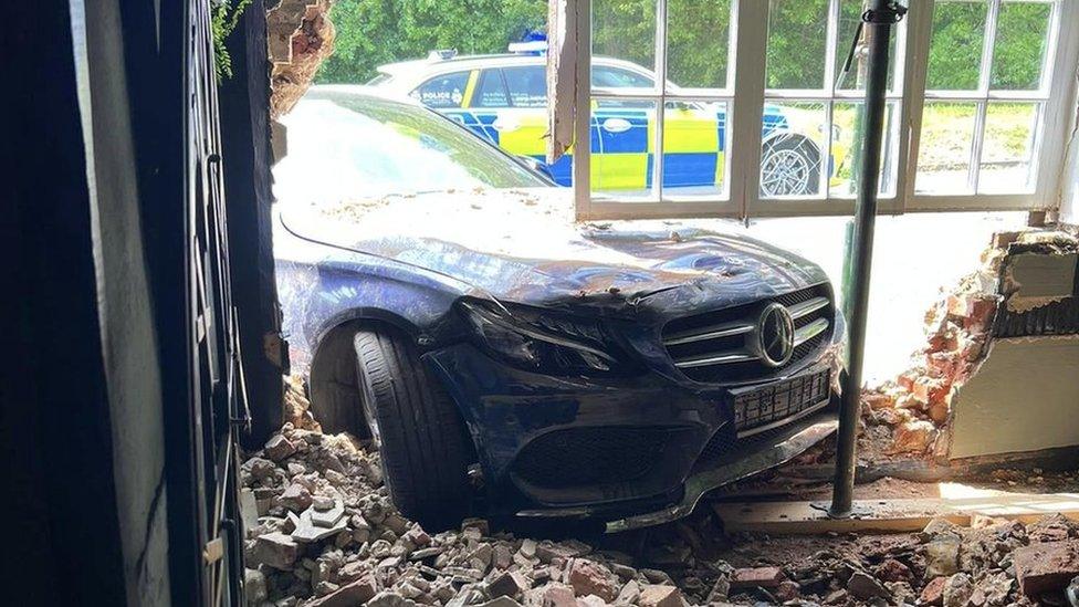 The blue Mercedes car, crashed into the Bell Inn in Kennett, Newmarket