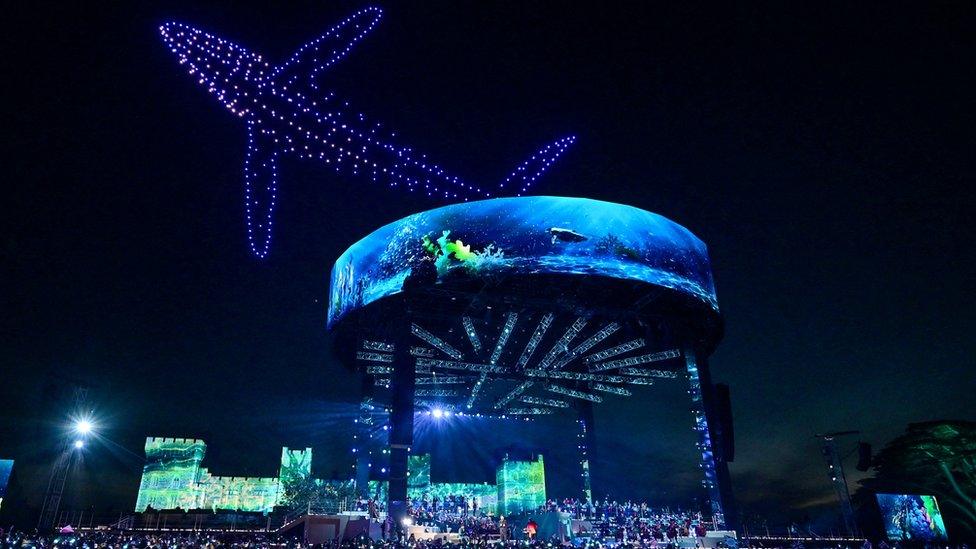 drones in the sky as part of a whale