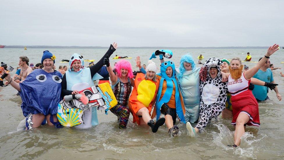 Gosport swimmers in fancy dress on New Year's Day