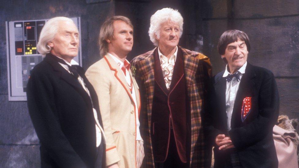 Richard Hurndall, Peter Davison, Jon Pertwee and Patrick Troughton in The Five Doctors