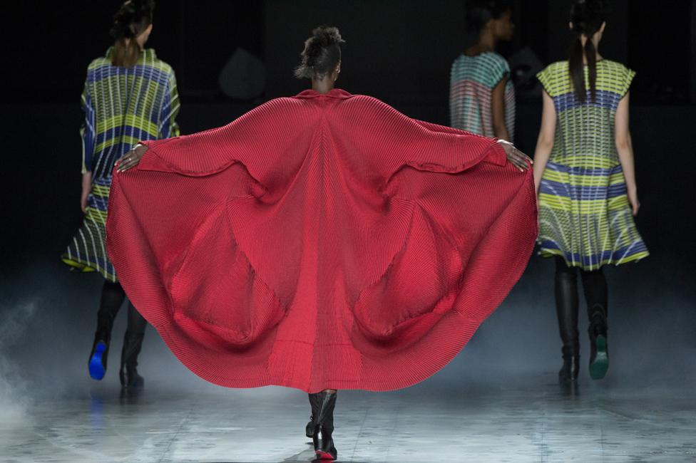 A model at Issey Miyake's Ready-to-Wear, Fall-Winter 2016-17 collection show in Paris, France