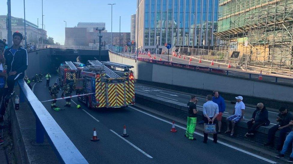 Fire engines at an entrance to Birmingham's Queensway Tunnel