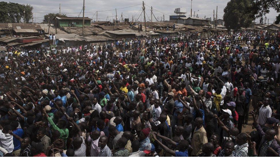 Crowds of supporters listen to Raila Odinga