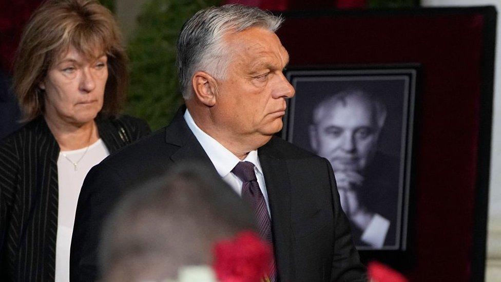 Hungary President Viktor Orban attends a farewell ceremony for Mikhail Gorbachev, the last leader of the Soviet Union, during a memorial service at the Column Hall of the House of Unions in Moscow, on September 3, 2022