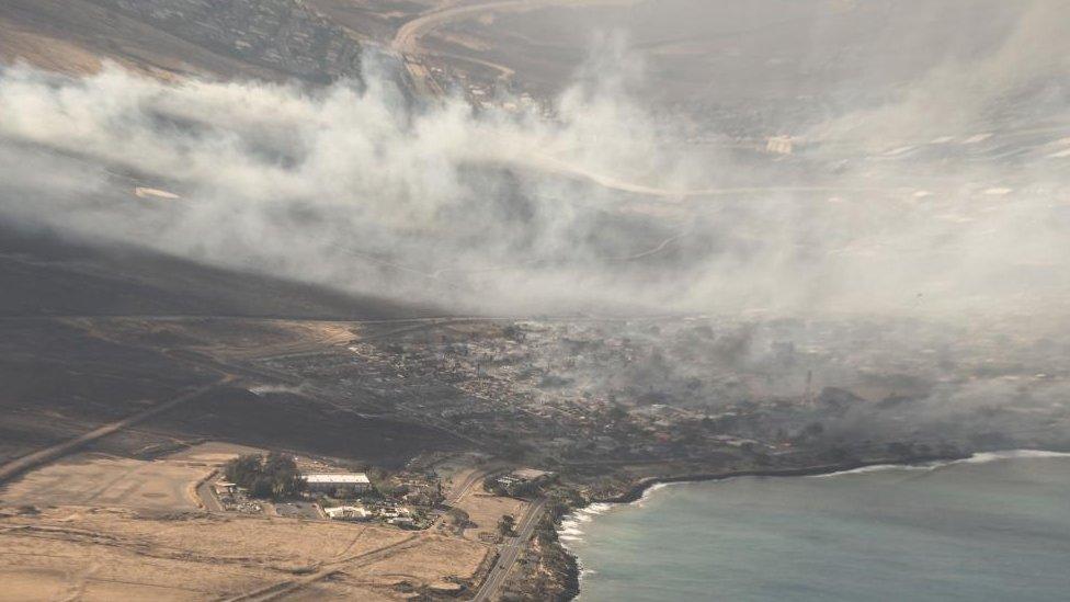 An arial view of buildings damaged in Lahaina, Hawaii as a result of a large wildfire which has killed 6 people and forced thousands of evacuations on the island of Maui in Hawaii, USA, 09 August 2023. Winds from Hurricane Dora, which is currently over the Pacific Ocean hundreds of miles south of Hawaii, have intensified the wildfires.