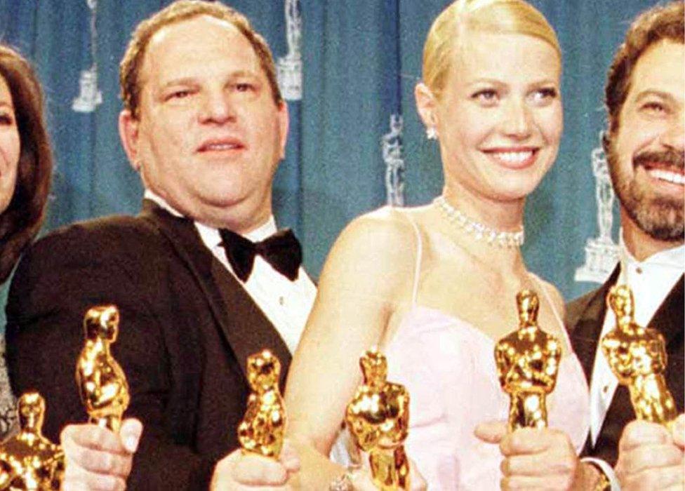 1999 photo of Harvey Weinstein and Gwyneth Paltrow after receiving the Oscars for the film Shakespeare In Love